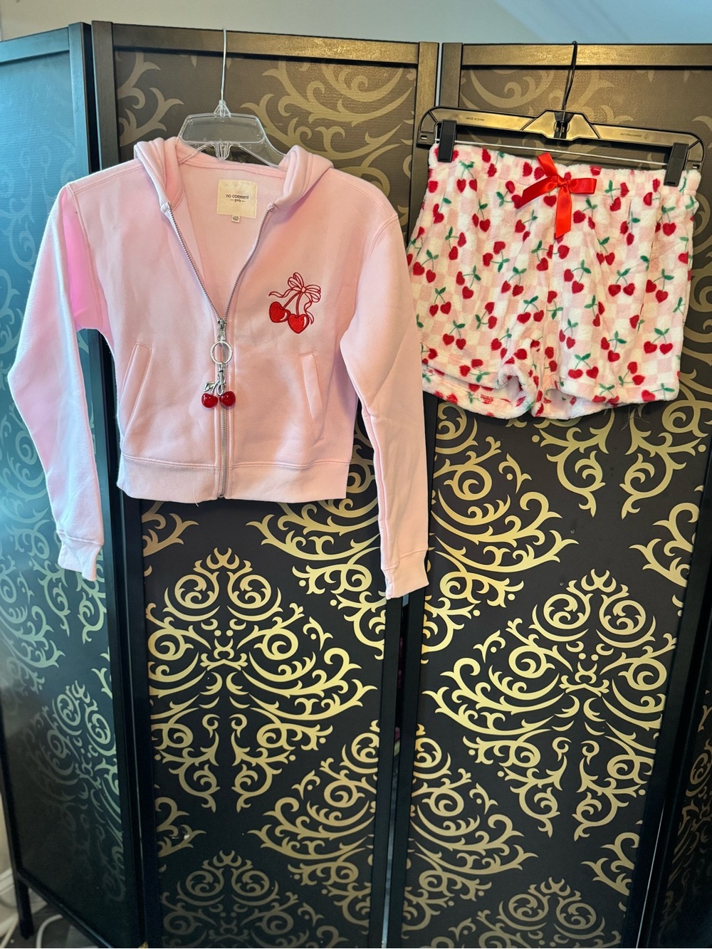 Girls Pink Cherry Hoodie & Cherry-Print Plush Shorts Pajama Set